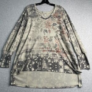 One World Tunic Top Women's 3XL  Waffle Knit  Leaves Gray V Neck Long Sleeve NWT